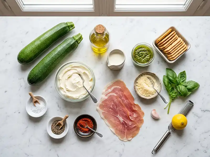 Les ingrédients pour Tiramisu salé courgette pesto et jambon cru