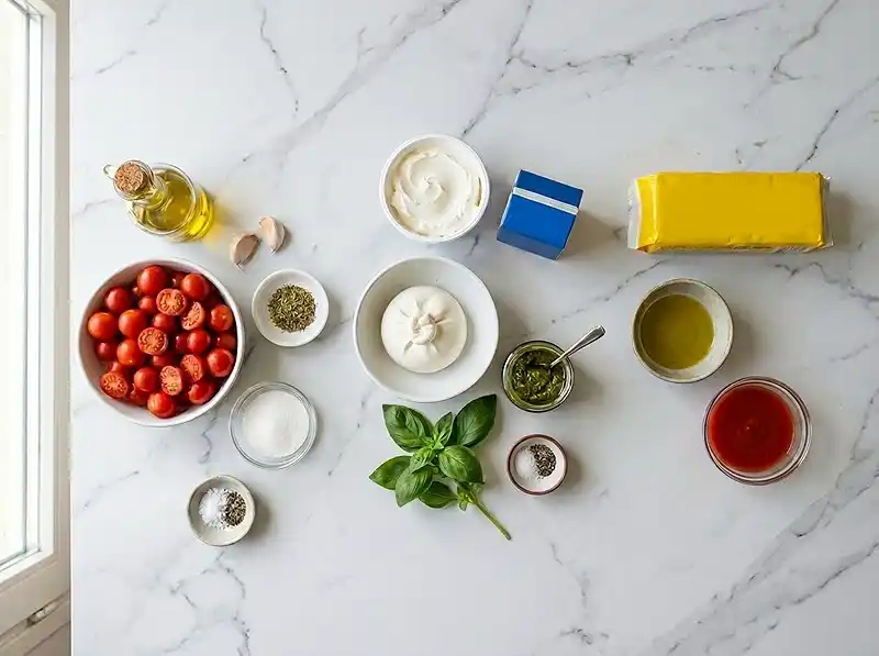 Les ingrédients pour Tiramisu salé tomates cerises confites et burrata