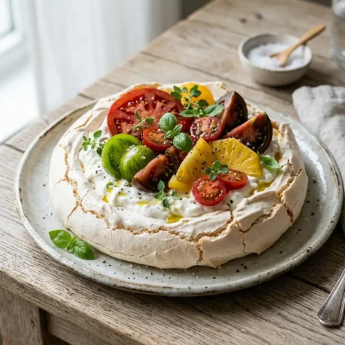 Pavlova salée tomates anciennes stracciatella
