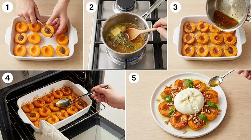 Préparation de la recette Burrata aux abricots rôtis miel thym
