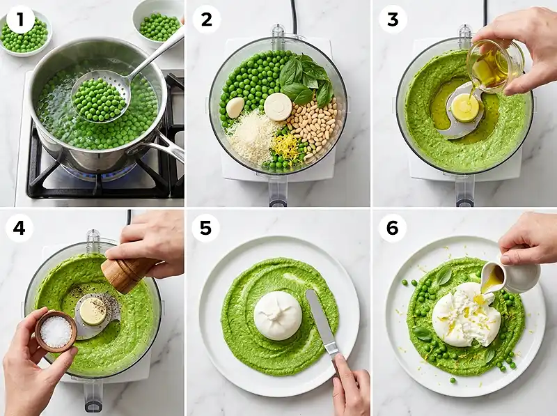 Preparation de la recette Burrata petits pois pesto citron