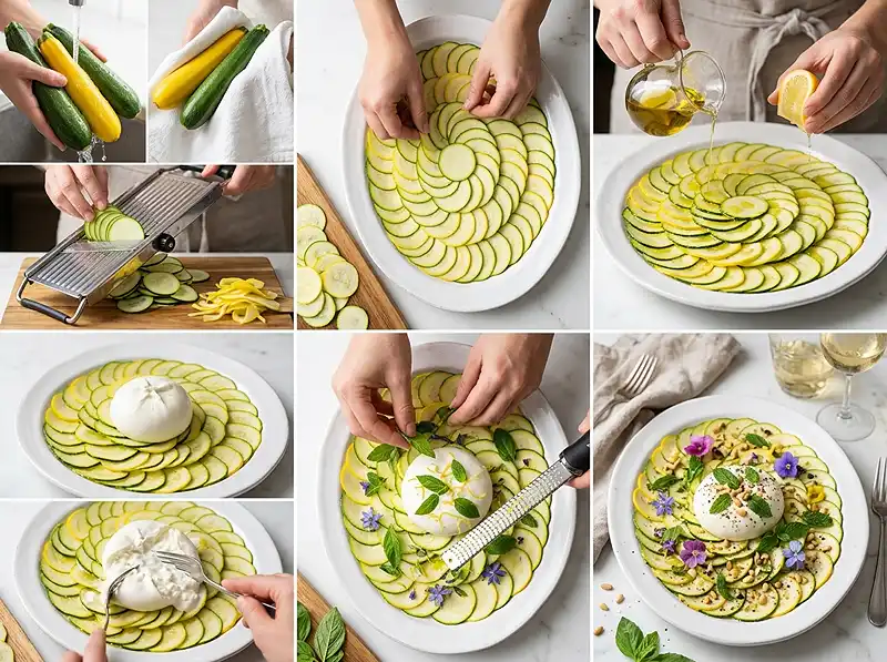 Preparation de la recette Carpaccio de courgettes burrata citron