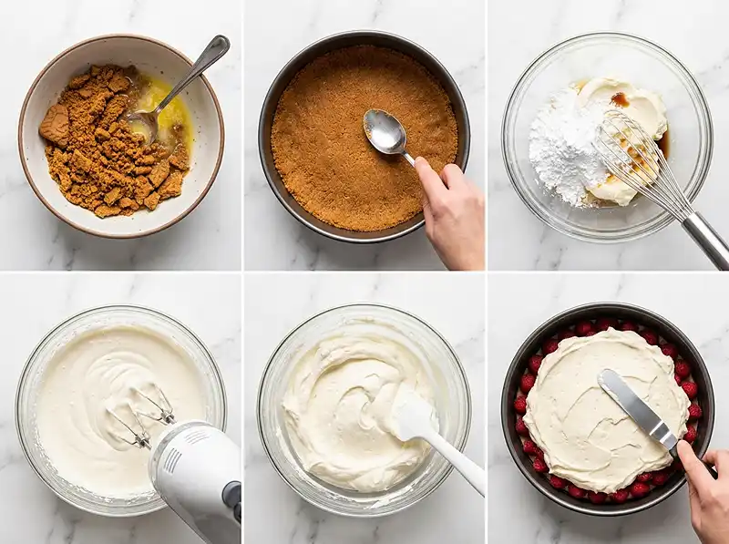 Préparation de la recette Gâteau mascarpone framboise sans cuisson