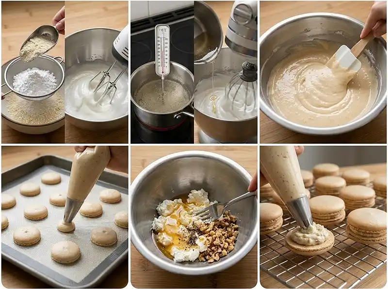 Preparation de la recette Macaron salé chèvre miel noix