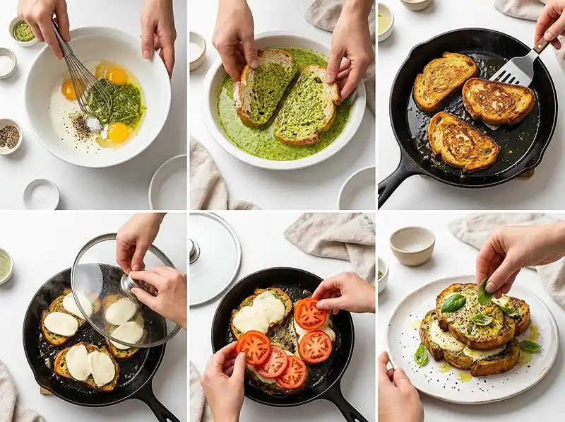 Préparation de la recette Pain perdu salé pesto mozzarella