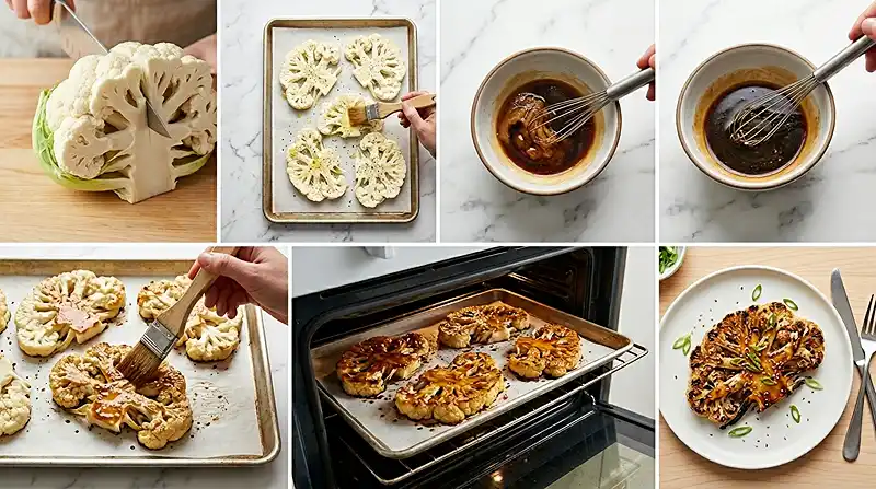 Préparation de la recette Steak de chou-fleur rôti miso noisette