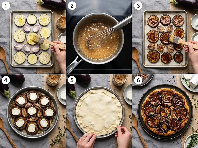 Préparation de la recette Tarte tatin d'aubergines au miso et chèvre