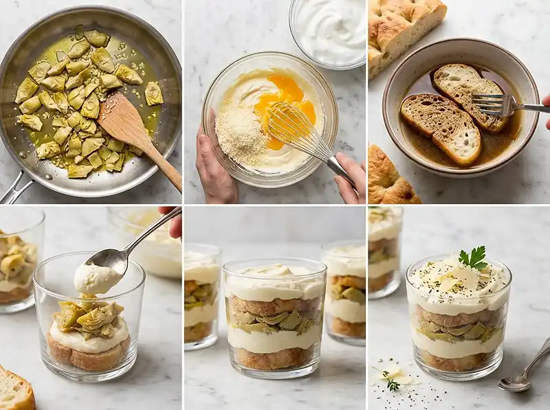 Préparation de la recette Tiramisu salé artichauts parmesan