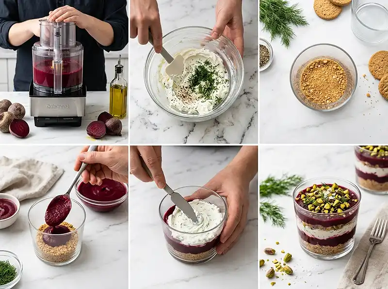 Préparation de la recette Tiramisu salé betterave chèvre aneth