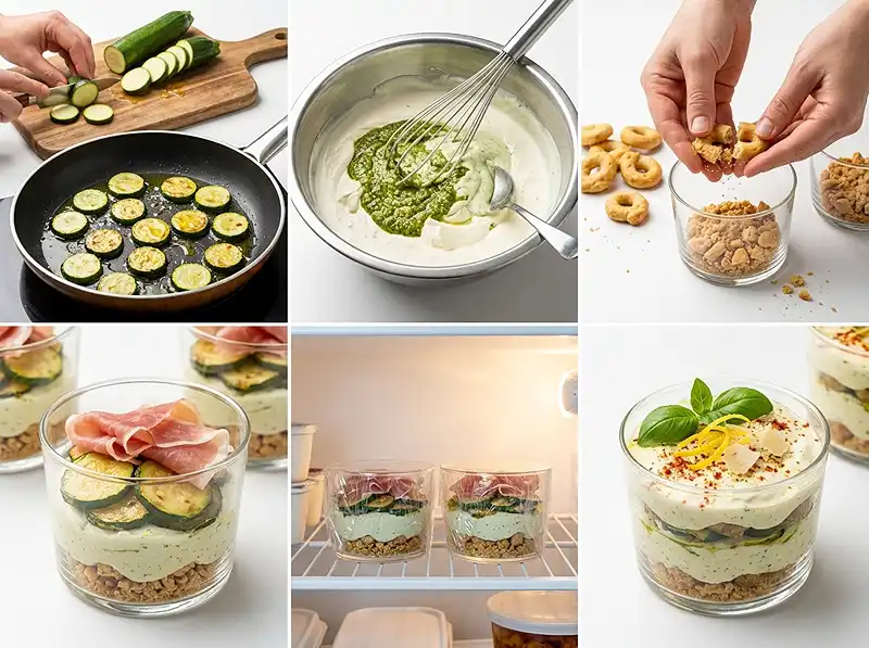 Préparation de la recette Tiramisu salé courgette pesto et jambon cru