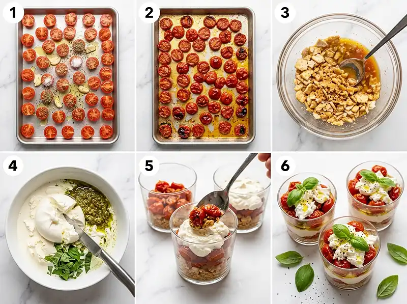 Préparation de la recette Tiramisu salé tomates cerises confites et burrata
