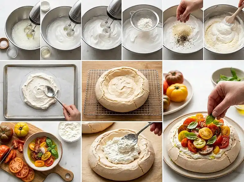 Preparer recette Pavlova salée tomates anciennes stracciatella