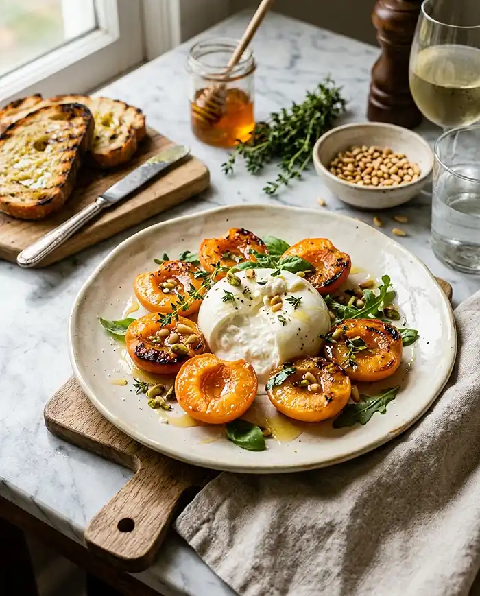 Recette Burrata aux abricots rôtis miel thym