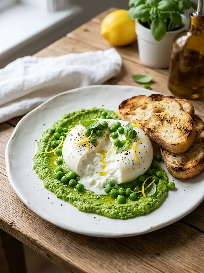 Recette Burrata petits pois pesto citron
