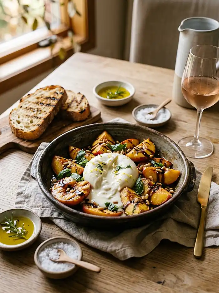 Recette Burrata rôtie sur nectarines au piment doux
