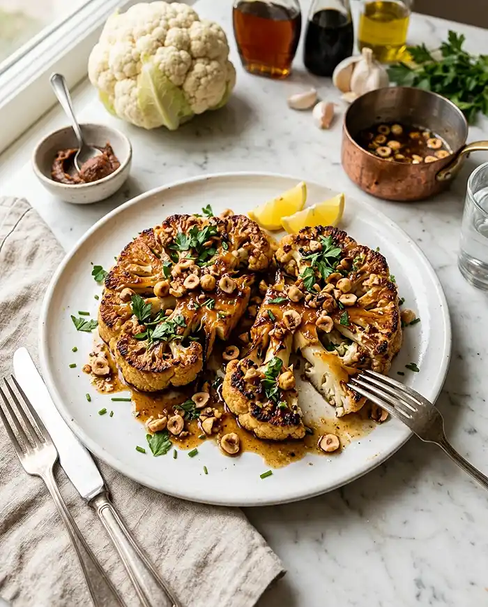 Recette Steak de chou-fleur rôti miso noisette