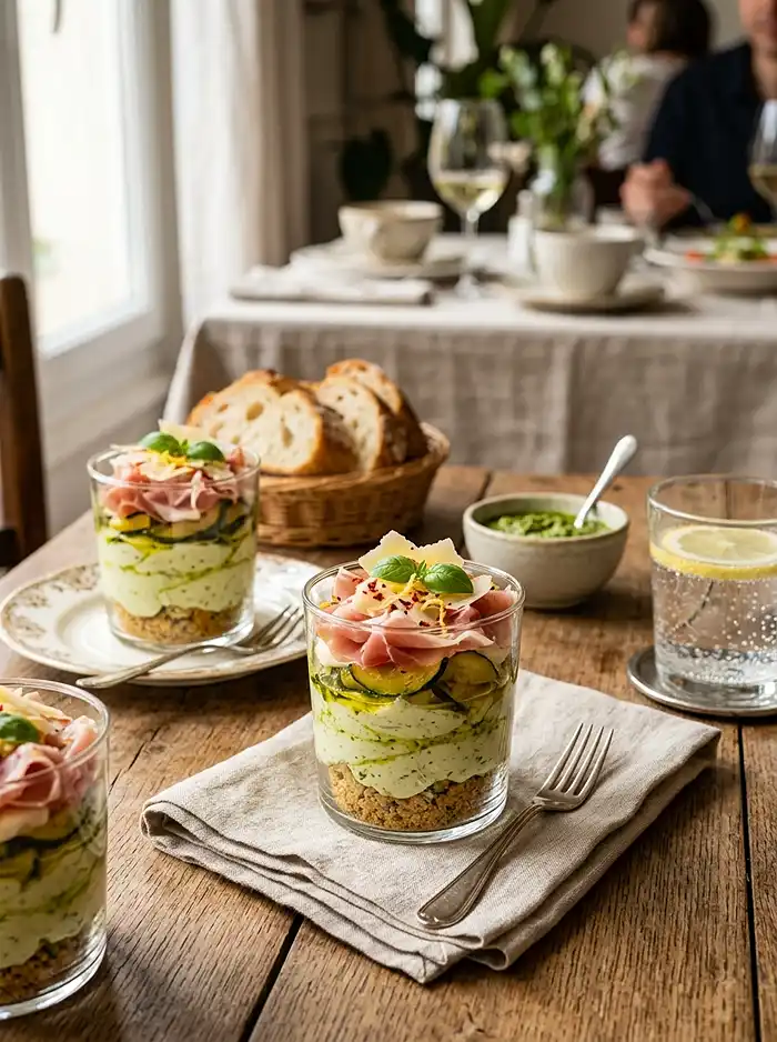 Recette Tiramisu salé courgette pesto et jambon cru