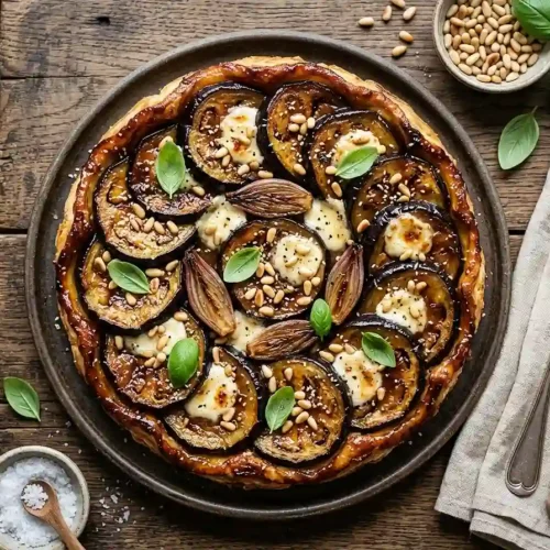 Tarte tatin d'aubergines au miso et chèvre