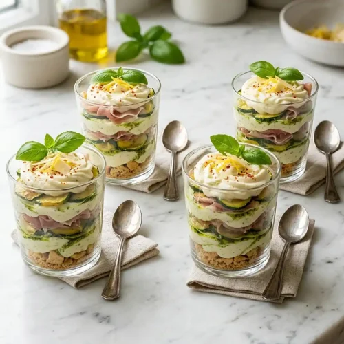 Tiramisu salé courgette pesto et jambon cru