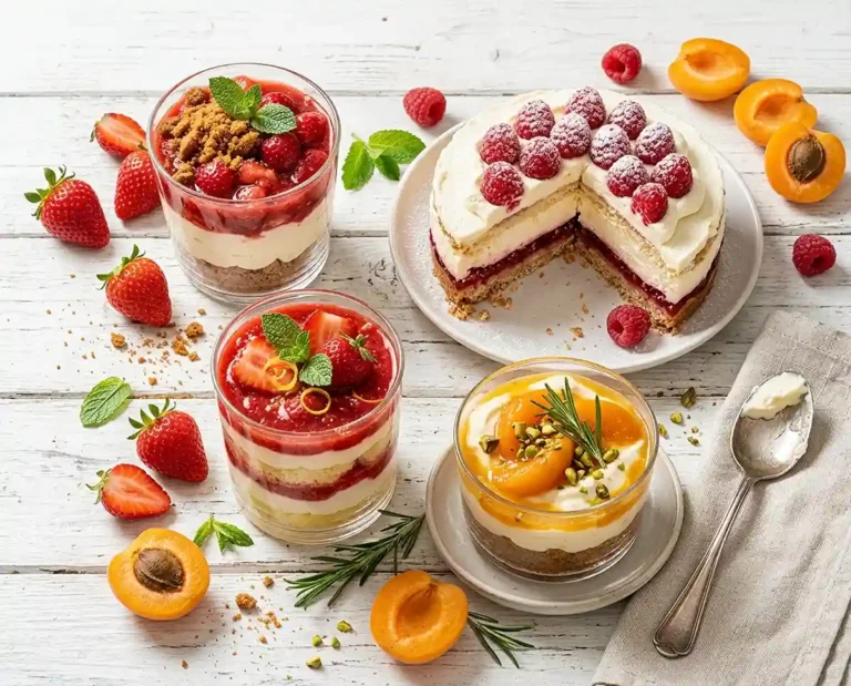 Assortiment de desserts sans cuisson au mascarpone verrines aux fraises, gâteau framboise et tiramisu citron