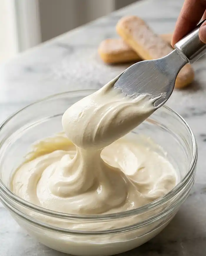 Desserts Sans Cuisson au Mascarpone 2 Crème de mascarpone lisse et brillante travaillée à la spatule pour un dessert sans cuisson