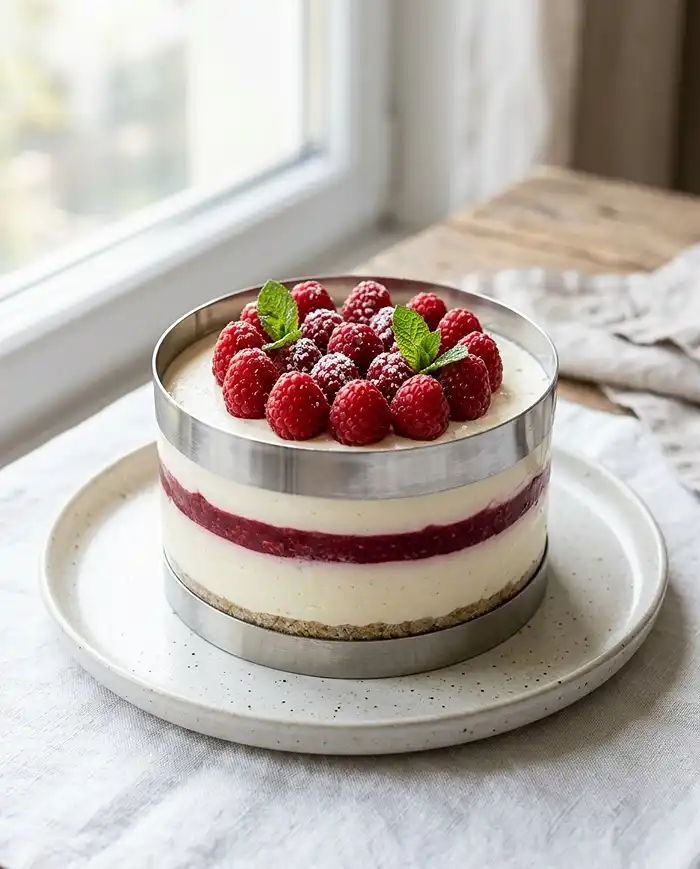 Desserts Sans Cuisson au Mascarpone 4 Gâteau mascarpone framboise sans cuisson monté en cercle et décoré de framboises fraîches
