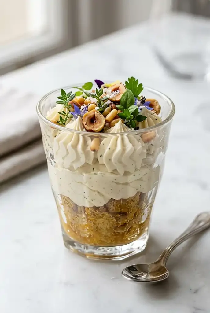 Tiramisus Salés et Verrines Apéritives 2 Gros plan d'une verrine de tiramisu salé montrant les trois couches biscuit imbibé, crème légère et garniture croquante