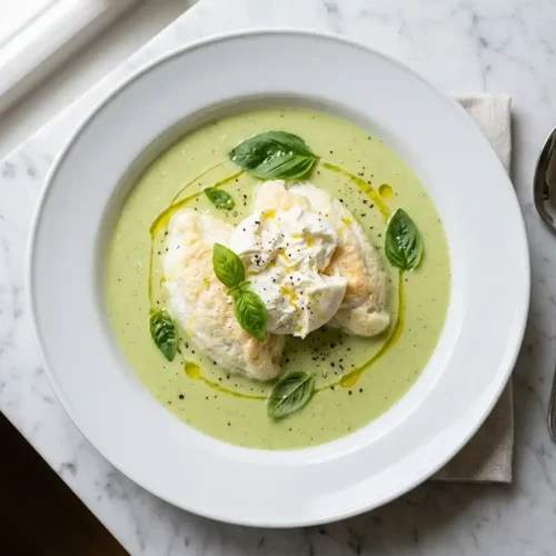 Île flottante salée burrata et velouté froid de courgette