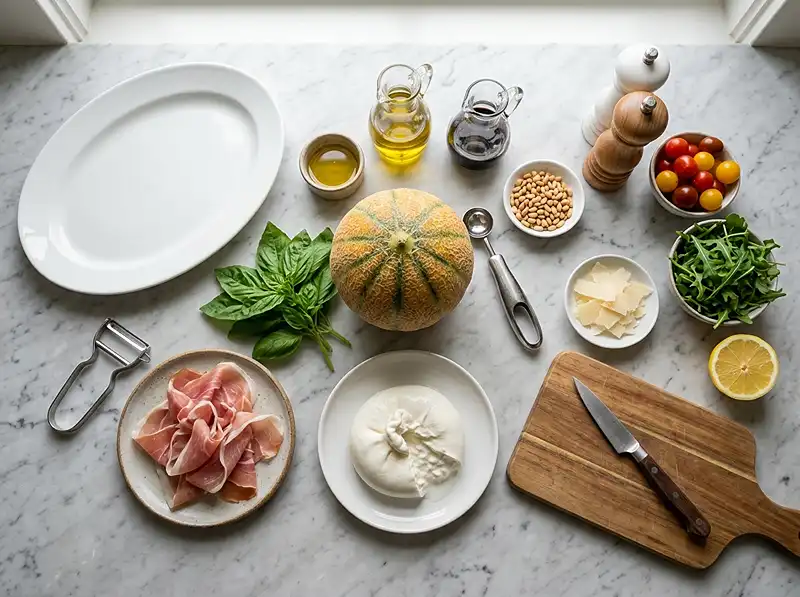 Burrata Melon Jambon Cru Basilic 3 Les ingrédients pour Burrata melon jambon cru basilic