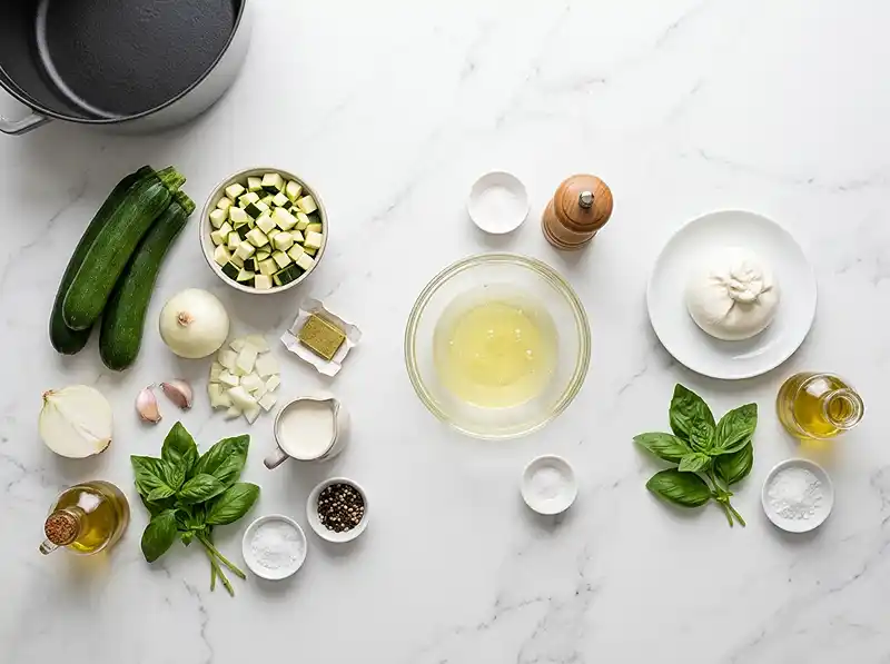 Les ingrédients pour Île flottante salée burrata et velouté froid de courgette