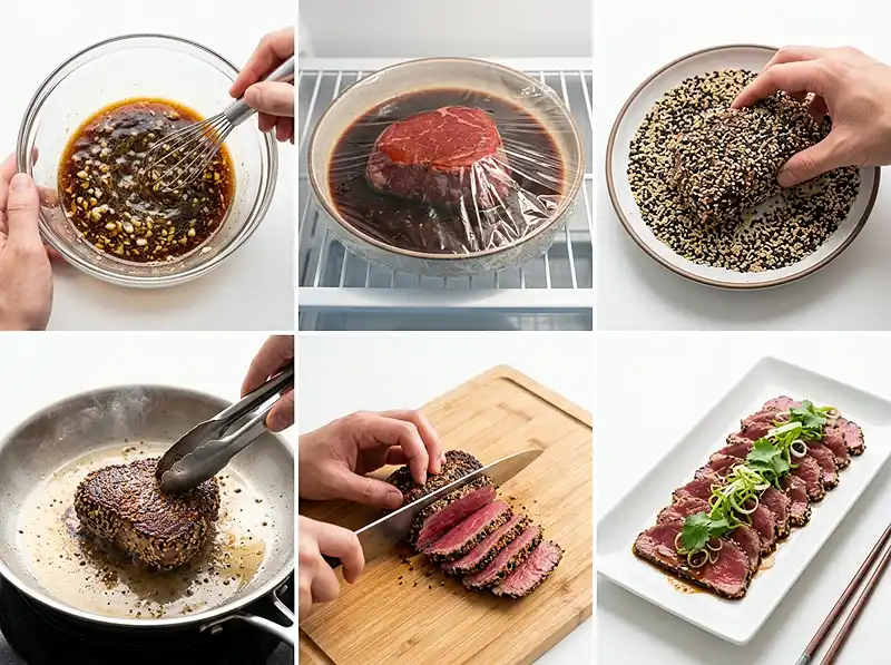 Préparation de la recette Tataki de bœuf au sésame et soja