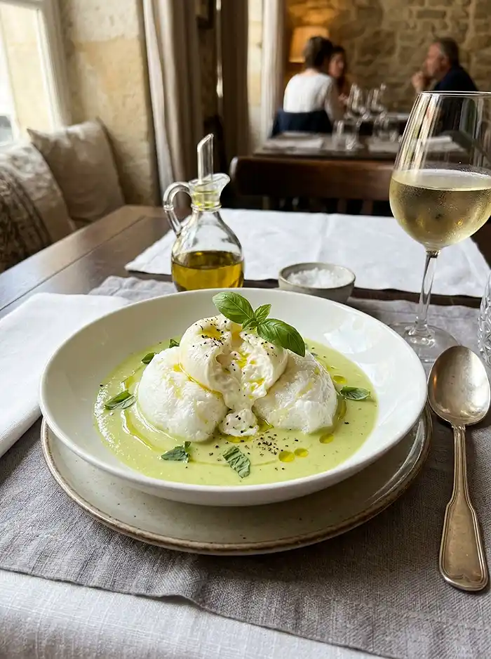 Recette Île flottante salée burrata et velouté froid de courgette