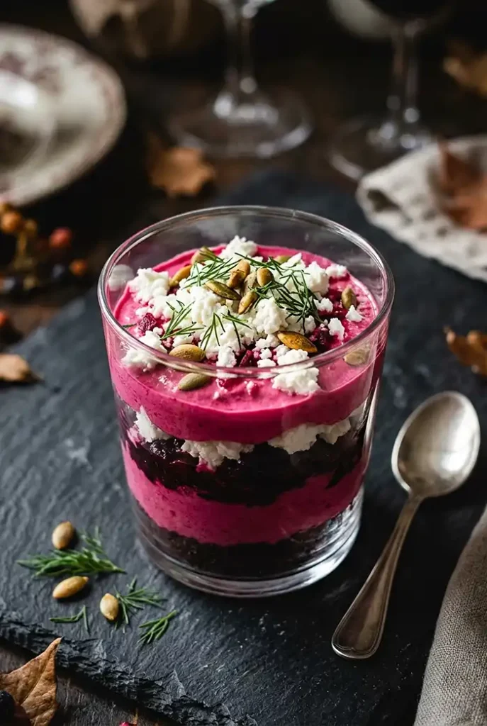 Tiramisus Salés et Verrines Apéritives 7 Verrine de tiramisu salé à la betterave, chèvre frais et aneth, aux couleurs rose fuchsia