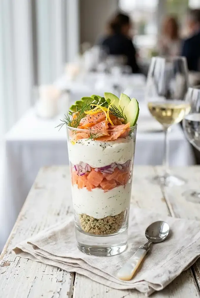 Tiramisus Salés et Verrines Apéritives 4 Verrine de tiramisu salé au saumon fumé et avocat garnie d'aneth et de zeste de citron