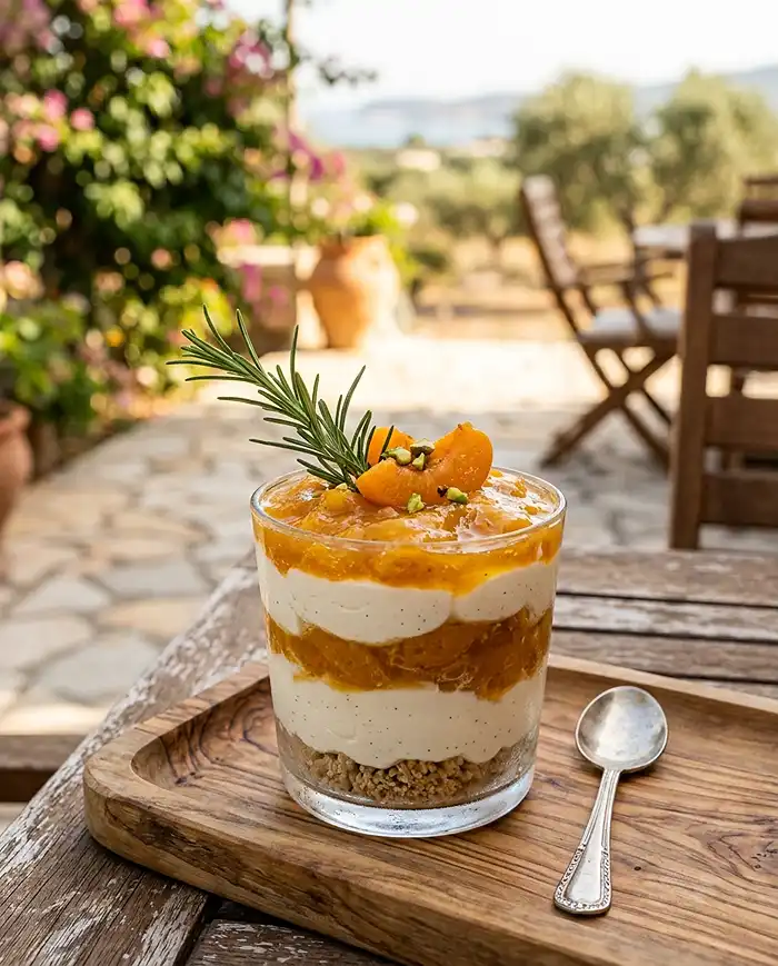 Desserts Sans Cuisson au Mascarpone 7 Verrine mascarpone abricot et romarin sans cuisson servie sur une terrasse ensoleillée