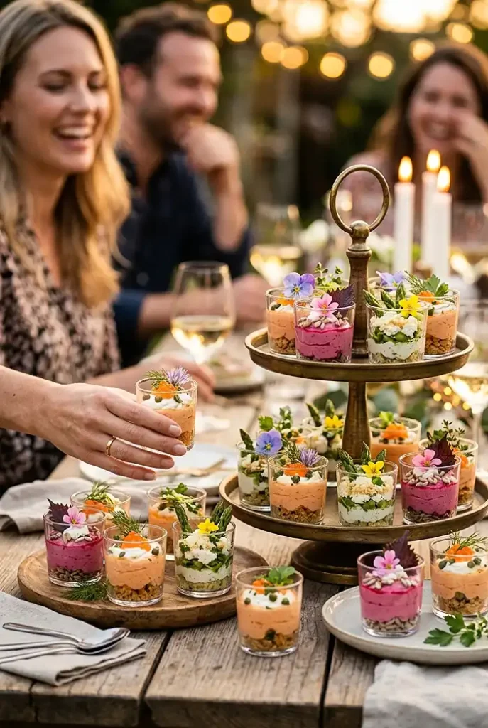 Tiramisus Salés et Verrines Apéritives 12 Tiramisus Salés et Verrines Apéritives disposées sur une table d'apéritif dînatoire, idées pour épater ses invités