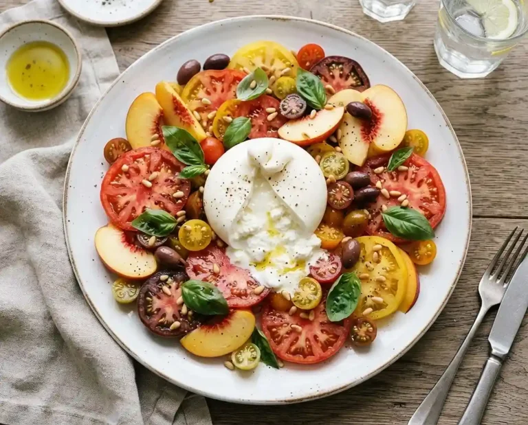 Burrata tomates anciennes pêches basilic