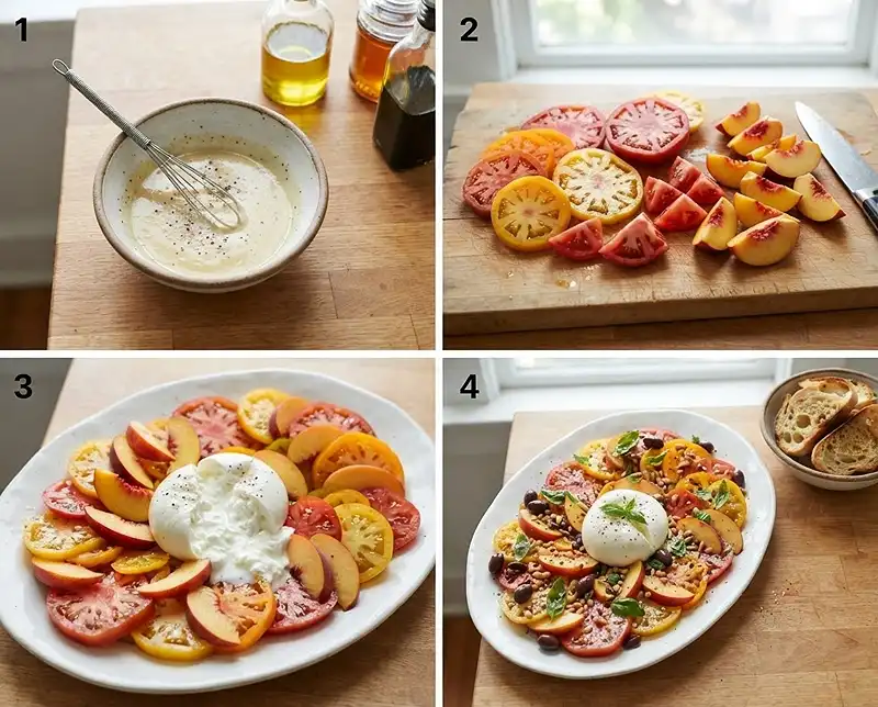 Comment preparer Burrata tomates anciennes pêches basilic