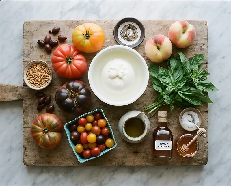 Les ingrédients pour Burrata tomates anciennes pêches basilic