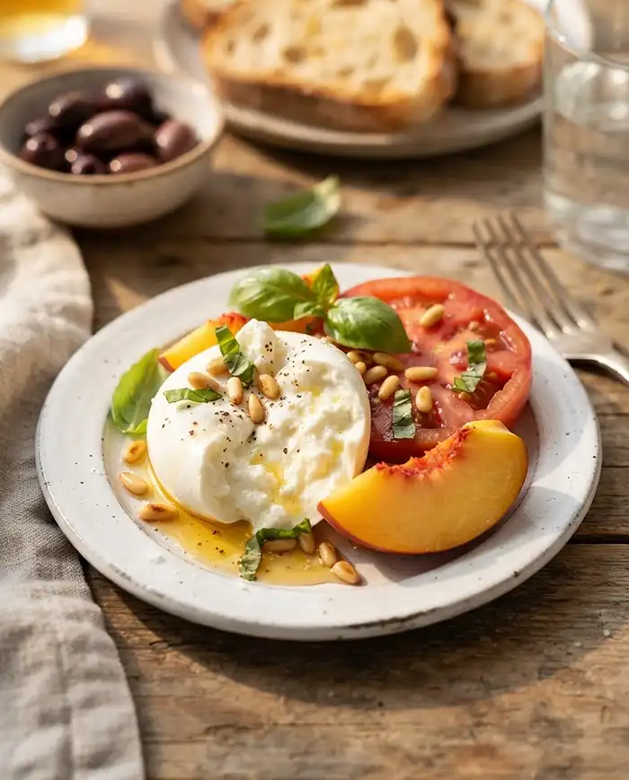 Recette Burrata tomates anciennes pêches basilic