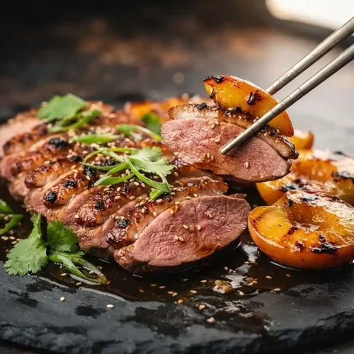 Tataki de Canard Pêches Rôties Soja Miel 2 Tataki de canard pêches rôties soja miel