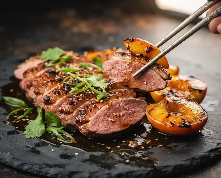 Tataki de canard pêches rôties soja miel