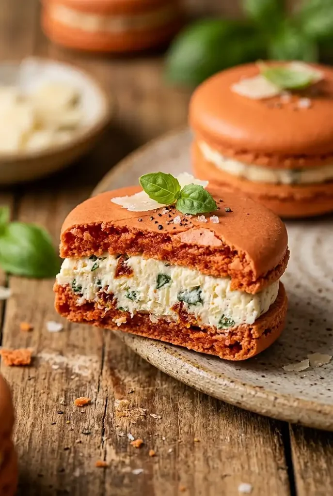 Macaron salé avec tomate basilic et parmesan
