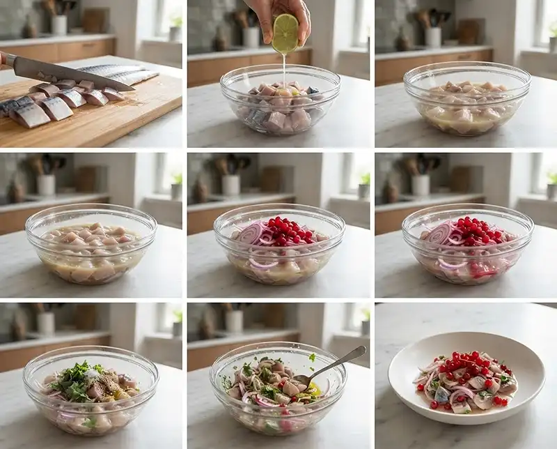 Préparation de la recette Ceviche de maquereau aux groseilles