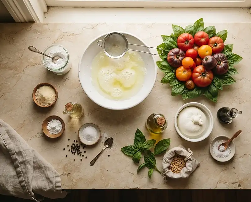 Les ingrédients pour Pavlova salée tomates anciennes burrata
