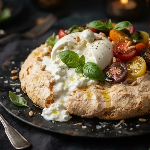Pavlova salée tomates anciennes burrata