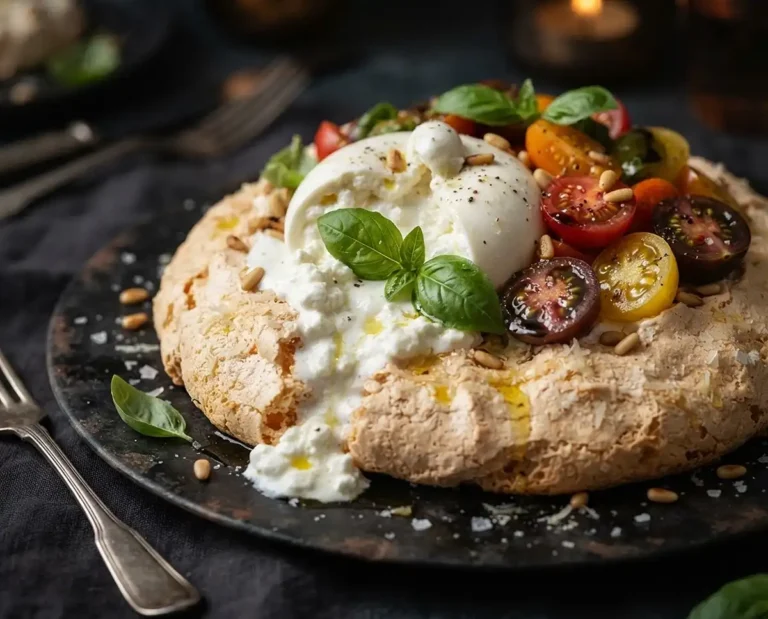 Pavlova salée tomates anciennes burrata