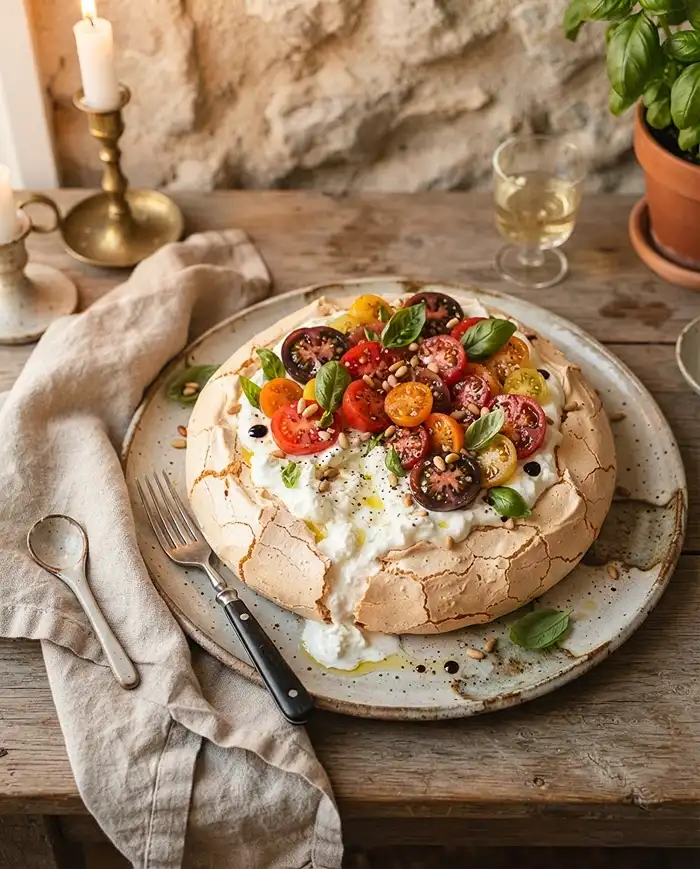 Recette Pavlova salée tomates anciennes burrata